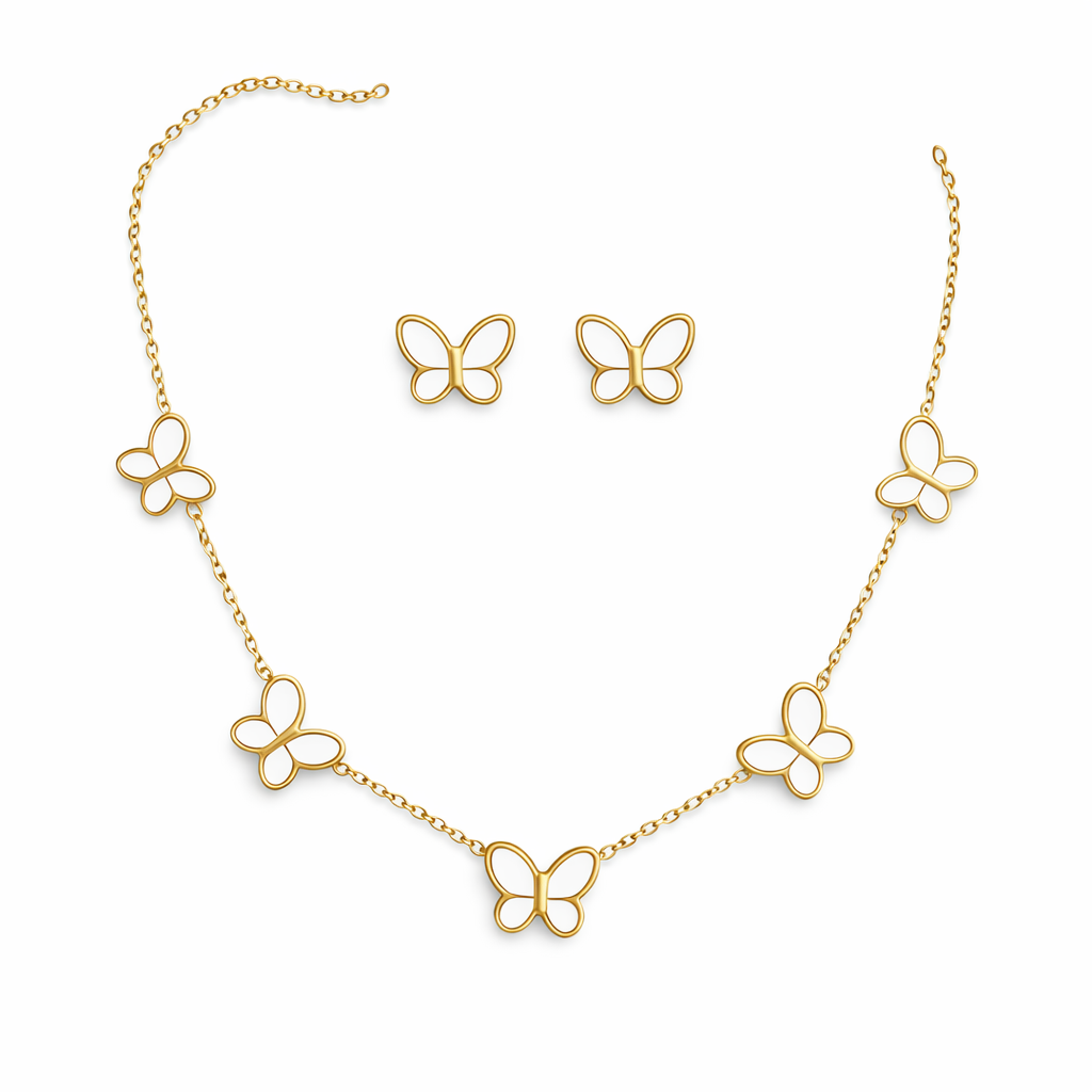 STAINLESS STEEL WHITE BUTTERFLY NECKLACE SET