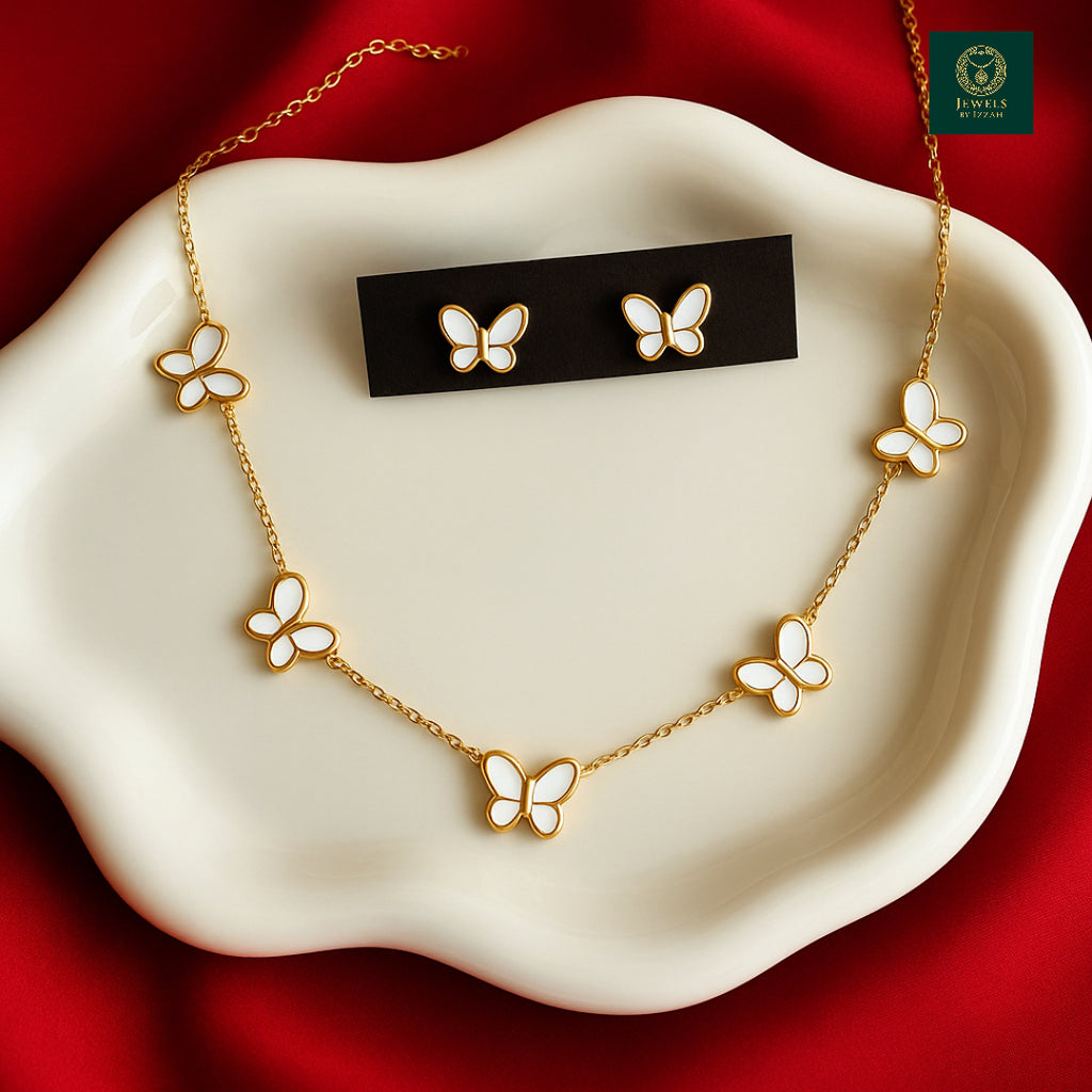 STAINLESS STEEL WHITE BUTTERFLY NECKLACE SET