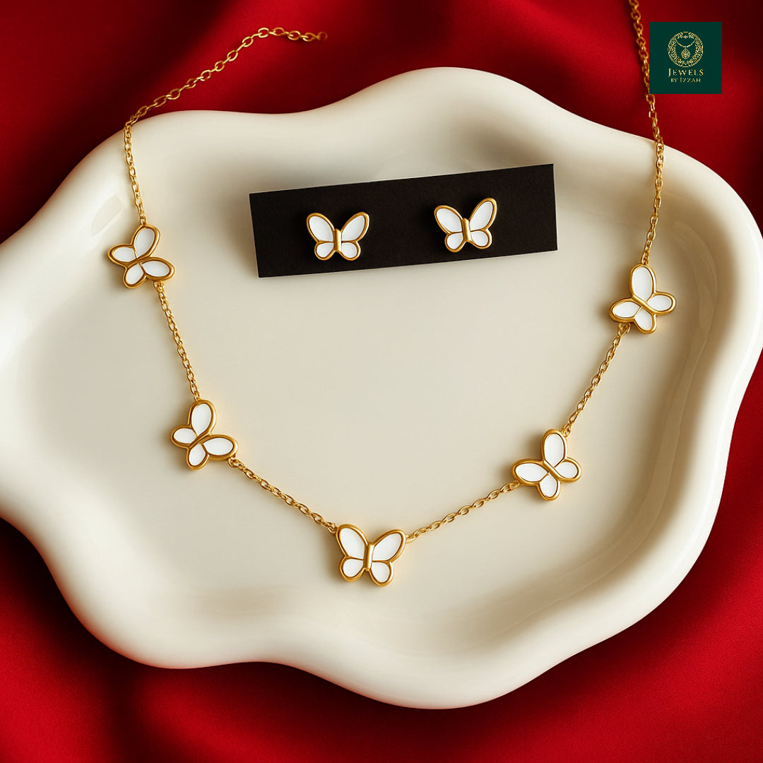 STAINLESS STEEL WHITE BUTTERFLY NECKLACE SET