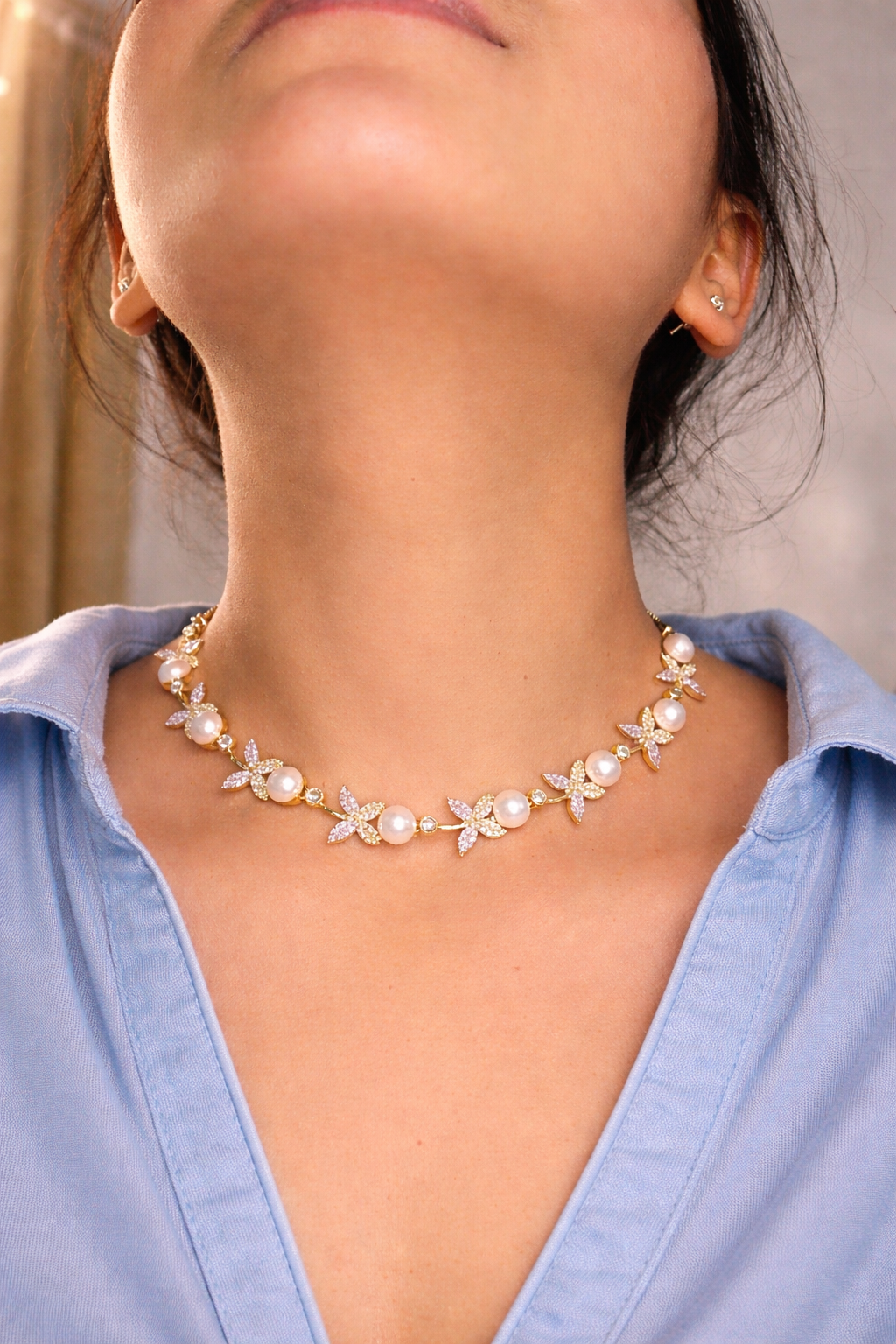 CUBIC ZIRCONIA DELICATE NECKLACE WITH 2-TONE PLATING