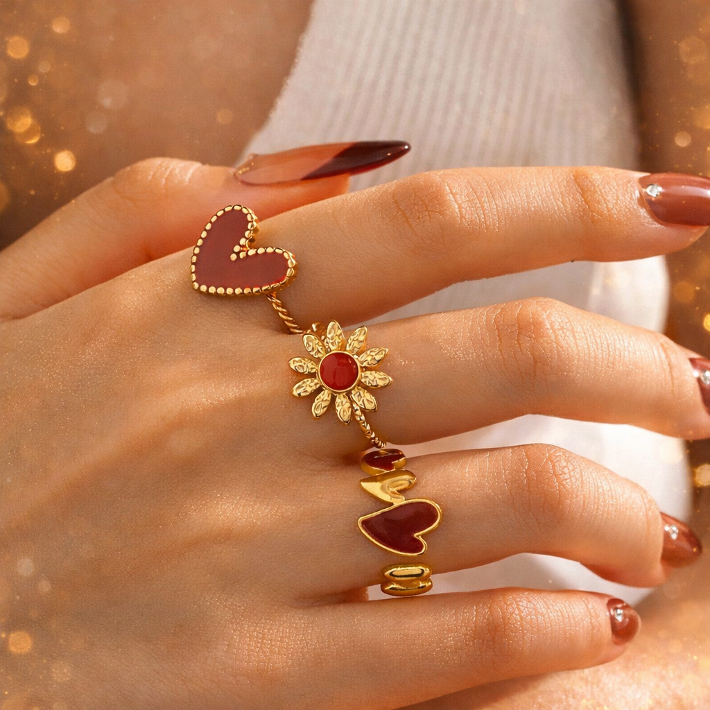 3 PIECE ELEGANT VINTAGE STAINLESS STEEL GEOMETRIC RED ENAMEL HEART FLOWER RING SET