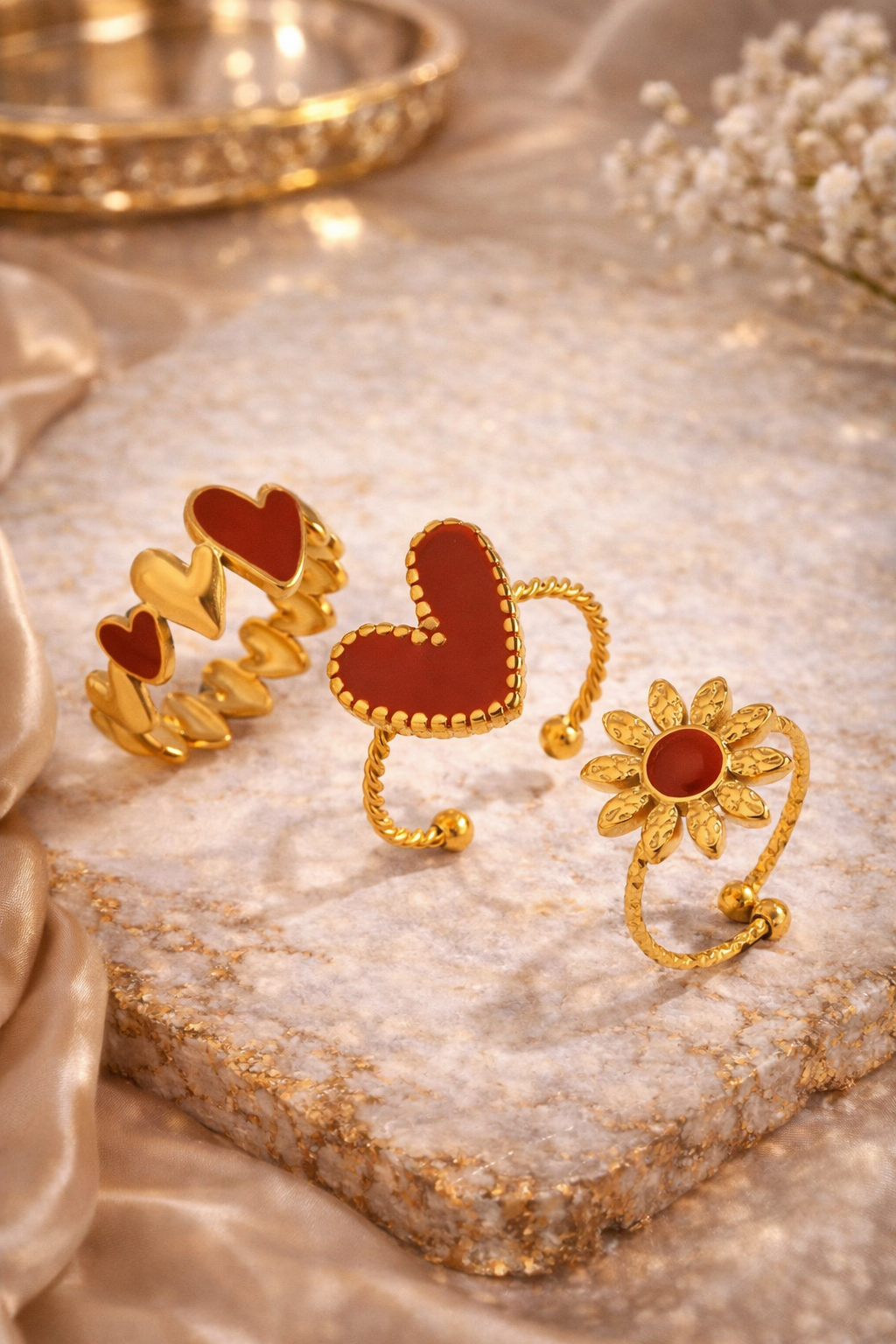 3 PIECE ELEGANT VINTAGE STAINLESS STEEL GEOMETRIC RED ENAMEL HEART FLOWER RING SET