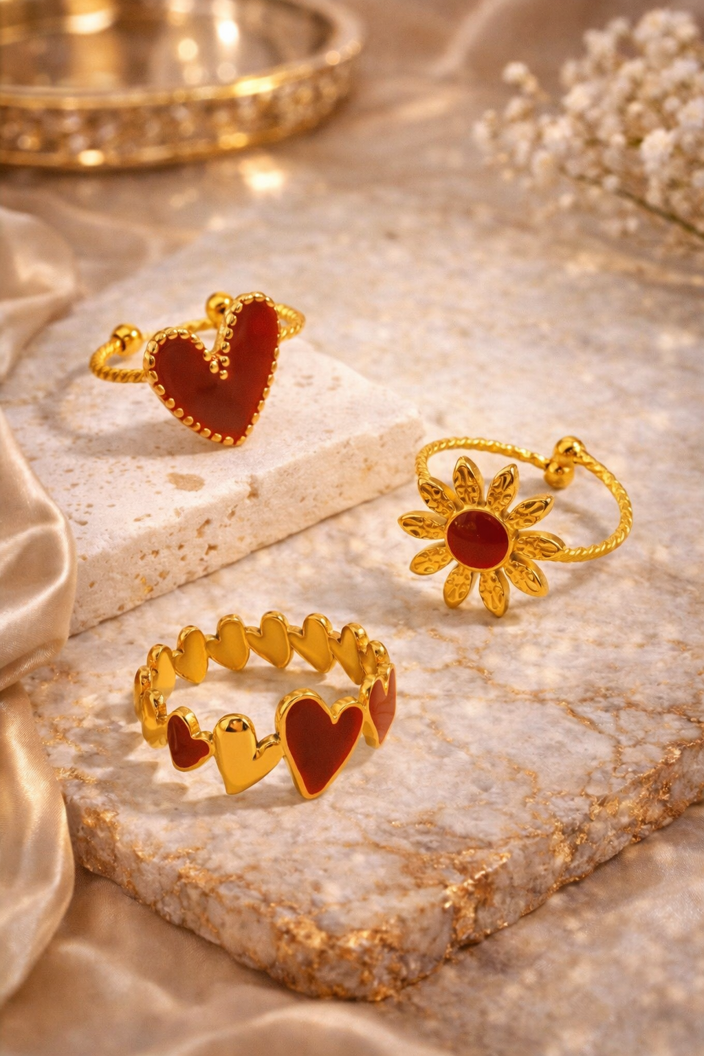 3 PIECE ELEGANT VINTAGE STAINLESS STEEL GEOMETRIC RED ENAMEL HEART FLOWER RING SET
