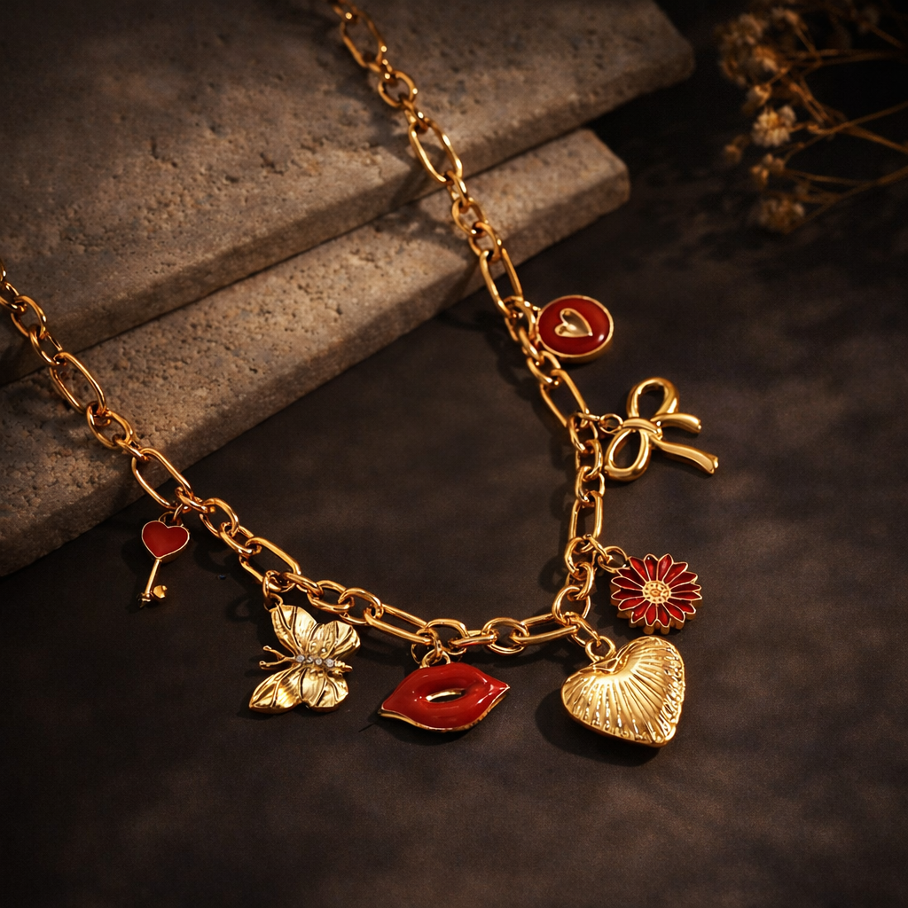 1 PIECE SUMMER SWEET&CUTE MULTI-ELEMENT PENDANT NECKLACE,ALLOY HEART,CRYSTAL,BUTTERFLY,FLOWER CHARMS ,VERSATILE JEWELRY FOR WOMEN