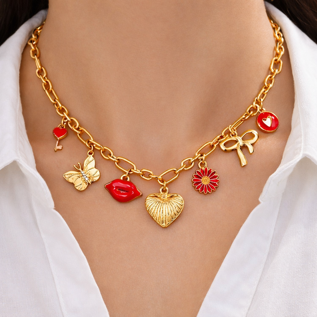 1 PIECE SUMMER SWEET&CUTE MULTI-ELEMENT PENDANT NECKLACE,ALLOY HEART,CRYSTAL,BUTTERFLY,FLOWER CHARMS ,VERSATILE JEWELRY FOR WOMEN