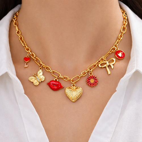 1 PIECE SUMMER SWEET&CUTE MULTI-ELEMENT PENDANT NECKLACE,ALLOY HEART,CRYSTAL,BUTTERFLY,FLOWER CHARMS ,VERSATILE JEWELRY FOR WOMEN