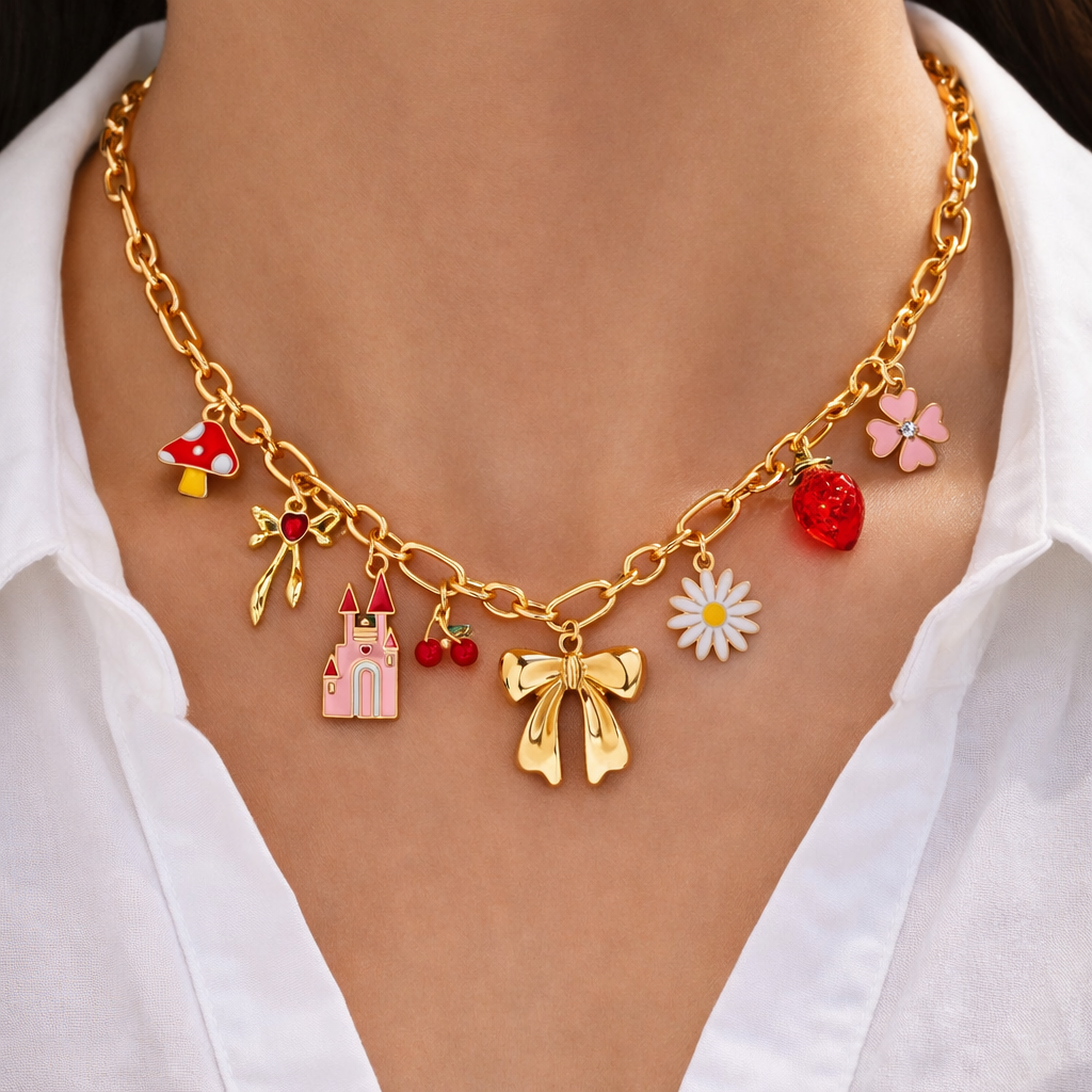 1 PIECE FUNKY JEWELRY NECKLACE, FASHION BOW PENDANT CHOKER, FASHION ACRYLIC 3D STRAWBERRY, FAIRY TALE CASTLE,CUTE MUSHROOM,DAISY FLOWER CHARM PENDANT SUITABLE FOR EVERYDAY&PARTY WEAR