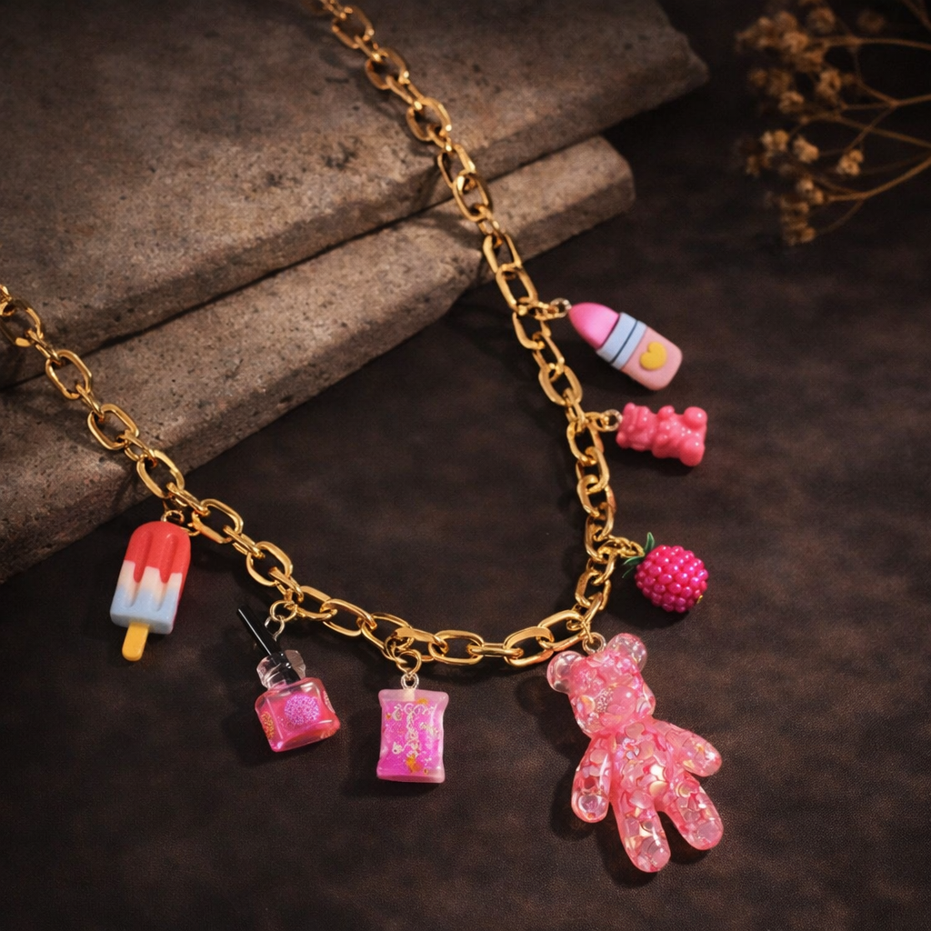 1 PIECE FUNKY JEWELRY PINK CUTE BEAR CHARM PENDANT NECKLACE, SUMMER CARTOON ICE-CREAM CANDY LIPSTICK MULTI-ELEMENT CHARMS NECKLACE