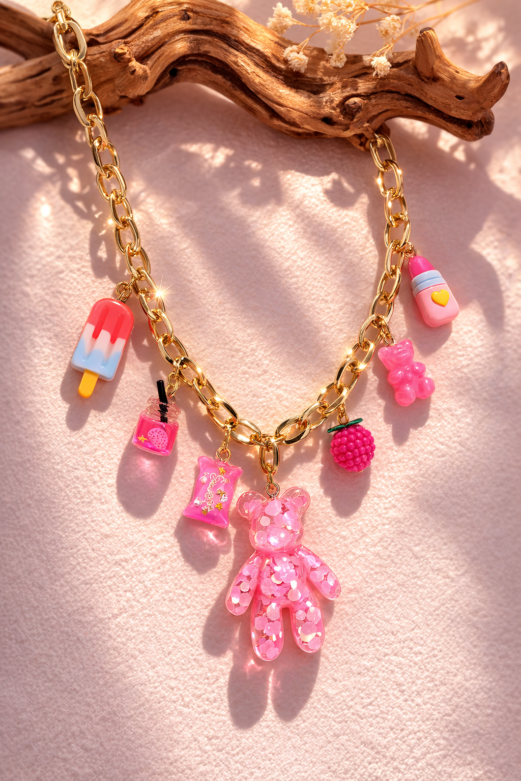 1 PIECE FUNKY JEWELRY PINK CUTE BEAR CHARM PENDANT NECKLACE, SUMMER CARTOON ICE-CREAM CANDY LIPSTICK MULTI-ELEMENT CHARMS NECKLACE