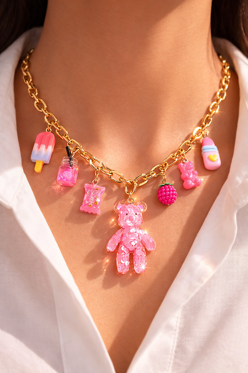 1 PIECE FUNKY JEWELRY PINK CUTE BEAR CHARM PENDANT NECKLACE, SUMMER CARTOON ICE-CREAM CANDY LIPSTICK MULTI-ELEMENT CHARMS NECKLACE