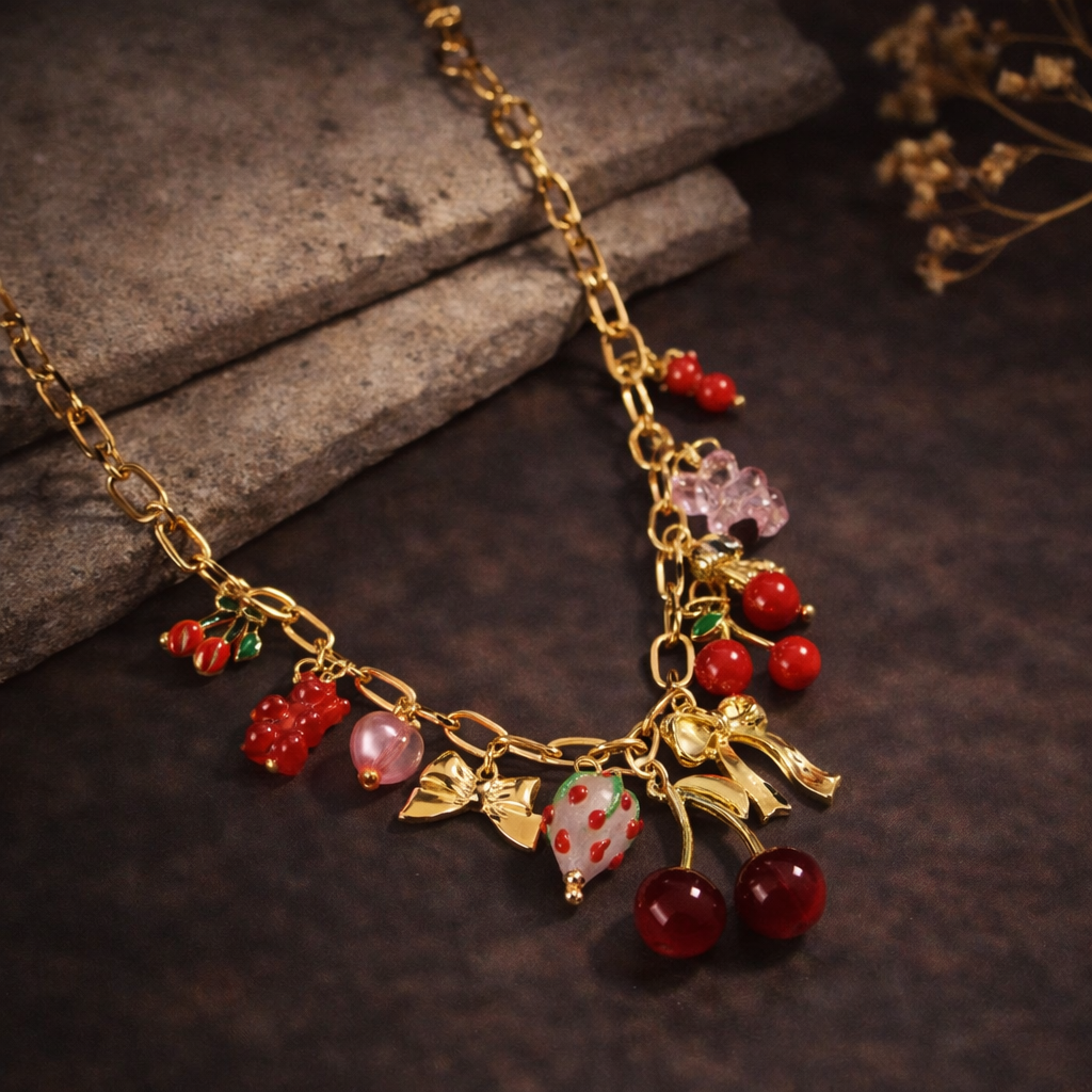 1 PIECE CHERRY CHARM NECKLACE,BOW STRAWBERRY PENDANT NECKLACES,BOHEMIAN JEWELRY