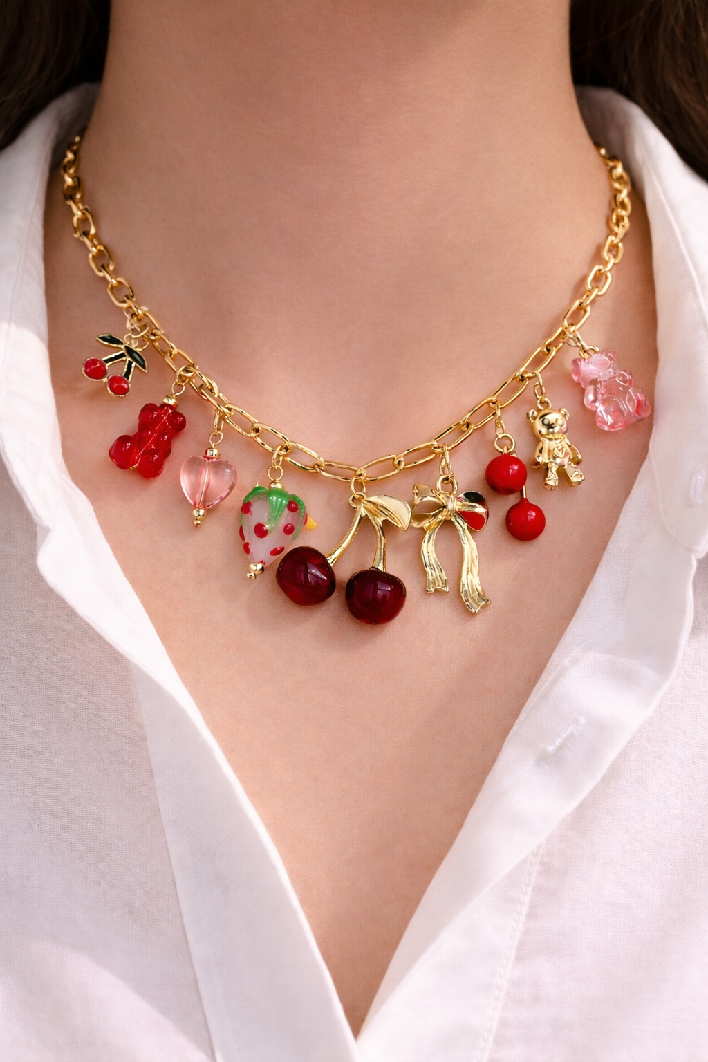 1 PIECE CHERRY CHARM NECKLACE,BOW STRAWBERRY PENDANT NECKLACES,BOHEMIAN JEWELRY