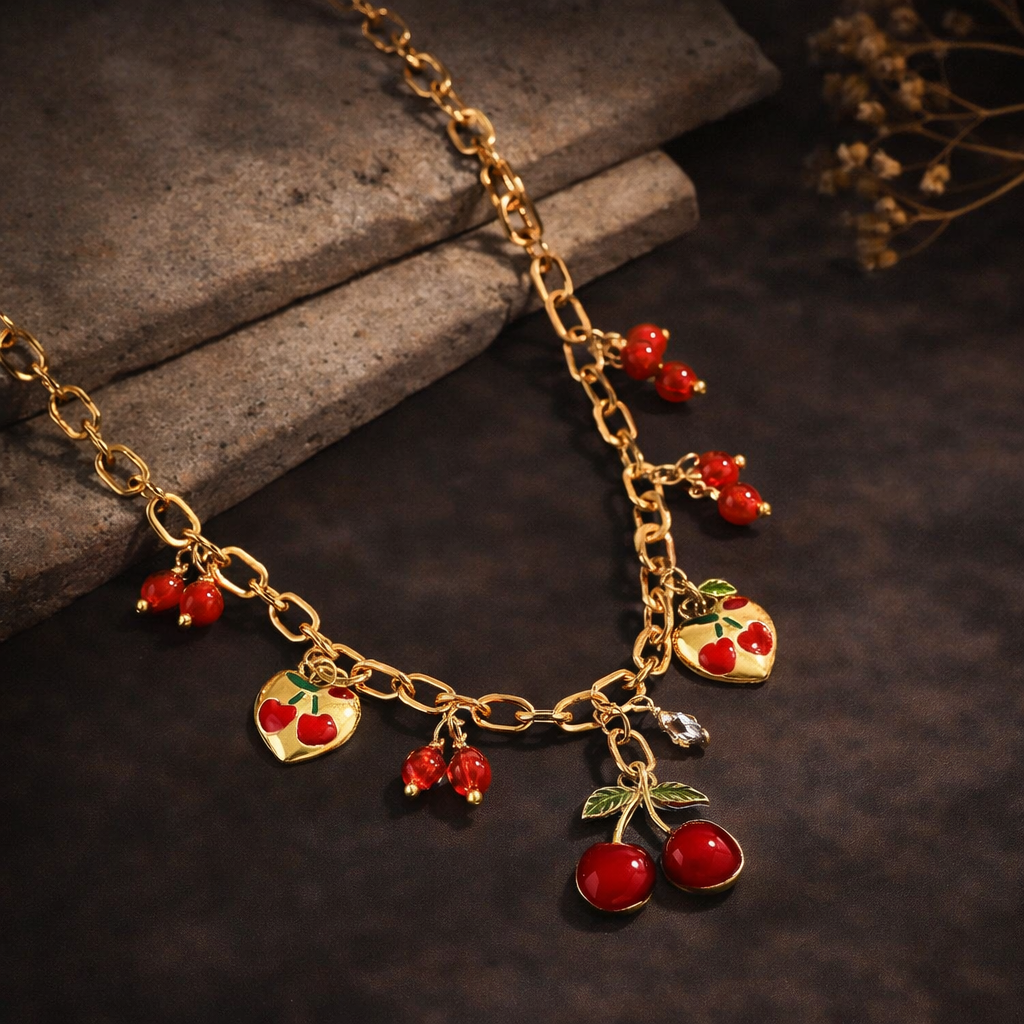 1 PIECE RED CHERRY PENDANT NECKLACE-HEART SHAPED PENDANT NECKLACE WITH CHARMS