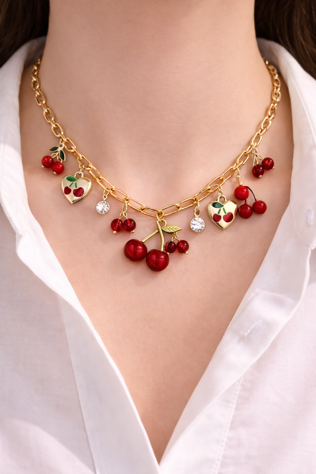 1 PIECE RED CHERRY PENDANT NECKLACE-HEART SHAPED PENDANT NECKLACE WITH CHARMS