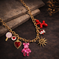1 PIECE RED MULTI-CHARM NECKLACE CUTE HEART,SUN ,TEDDY BEAR,LOLLIPOP,DOG FUNKY JEWELRY