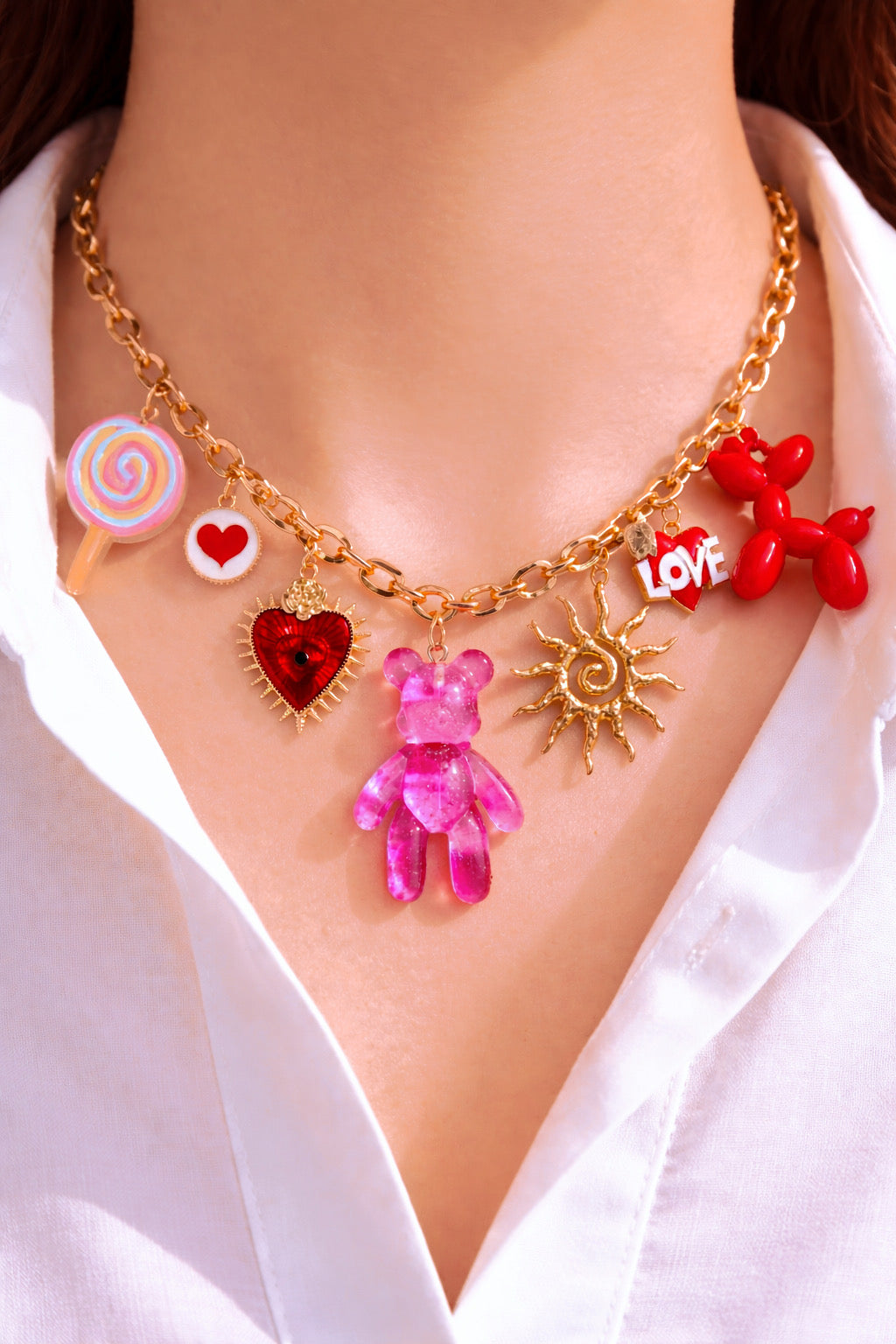 1 PIECE RED MULTI-CHARM NECKLACE CUTE HEART,SUN ,TEDDY BEAR,LOLLIPOP,DOG FUNKY JEWELRY