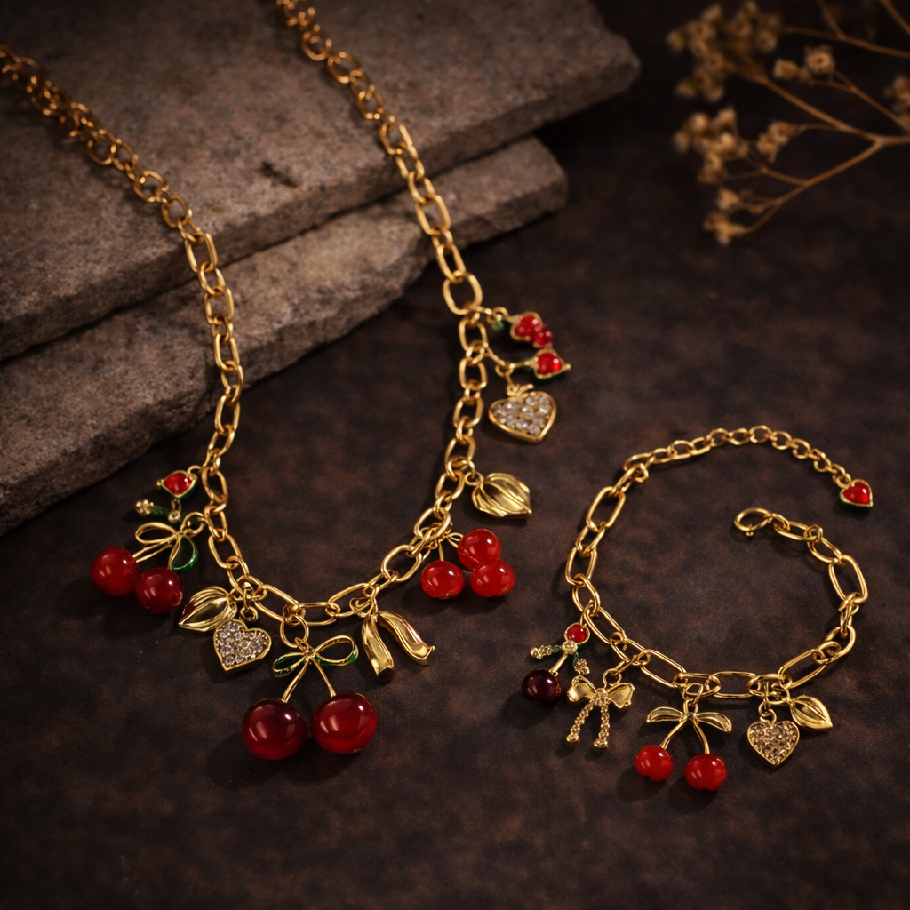 2 PIECE RED ABS BEADED CHERRY PENDANT BRACELET AND NECKLACE SET CASUAL AND VERSATILE FOR WOMEN