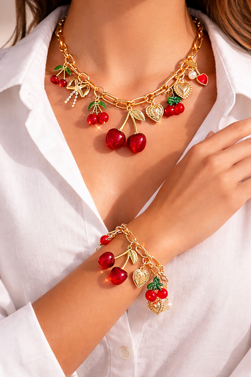 2 PIECE RED ABS BEADED CHERRY PENDANT BRACELET AND NECKLACE SET CASUAL AND VERSATILE FOR WOMEN