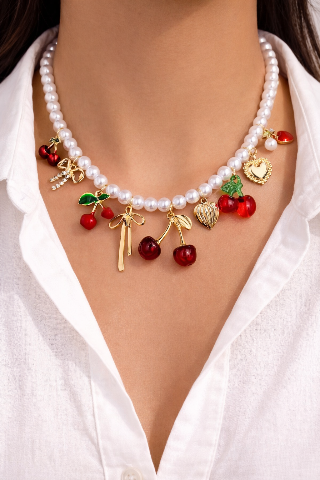 1 PIECE SUMMER CHERRY CHARM NECKLACE BOHO FAUX PEARL BEADED PEARL NECKLACE JEWELRY , BOW HEART LOCKET PENDANT NECKLACES FOR WOMEN