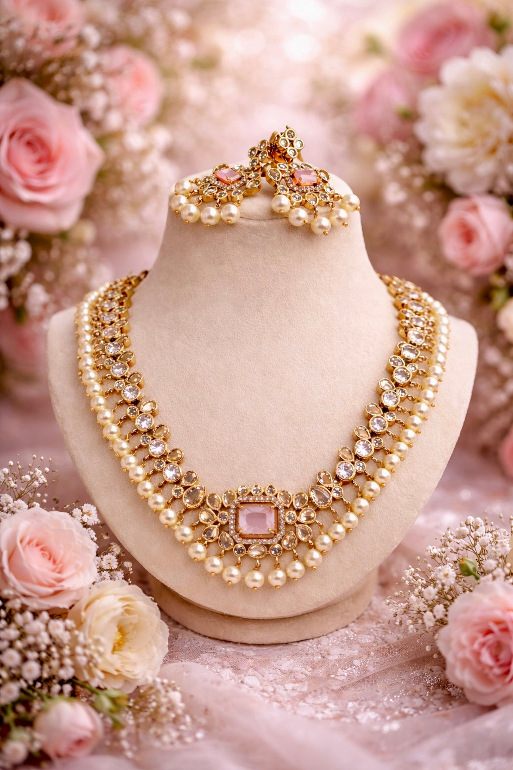BLUSH ROYALE-KUNDAN POLKI NECKLACE SET WITH PEARL ACCENTS