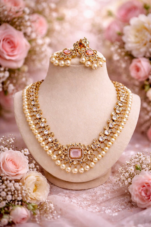 BLUSH ROYALE-KUNDAN POLKI NECKLACE SET WITH PEARL ACCENTS