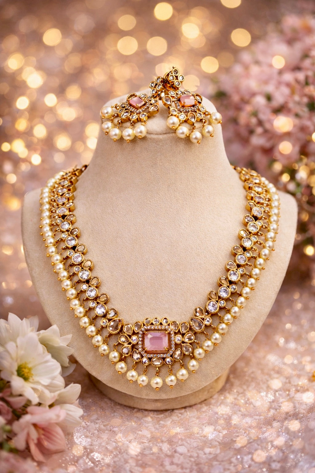 BLUSH ROYALE-KUNDAN POLKI NECKLACE SET WITH PEARL ACCENTS