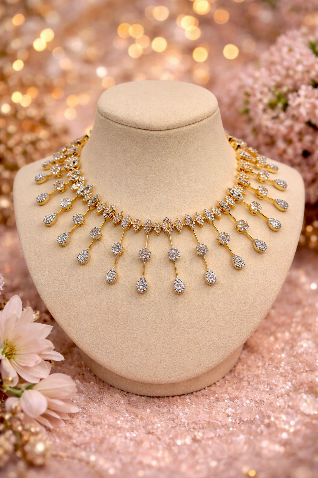 CZ CLASSIC NECKLACE SET WITH 2-TONE PLATING