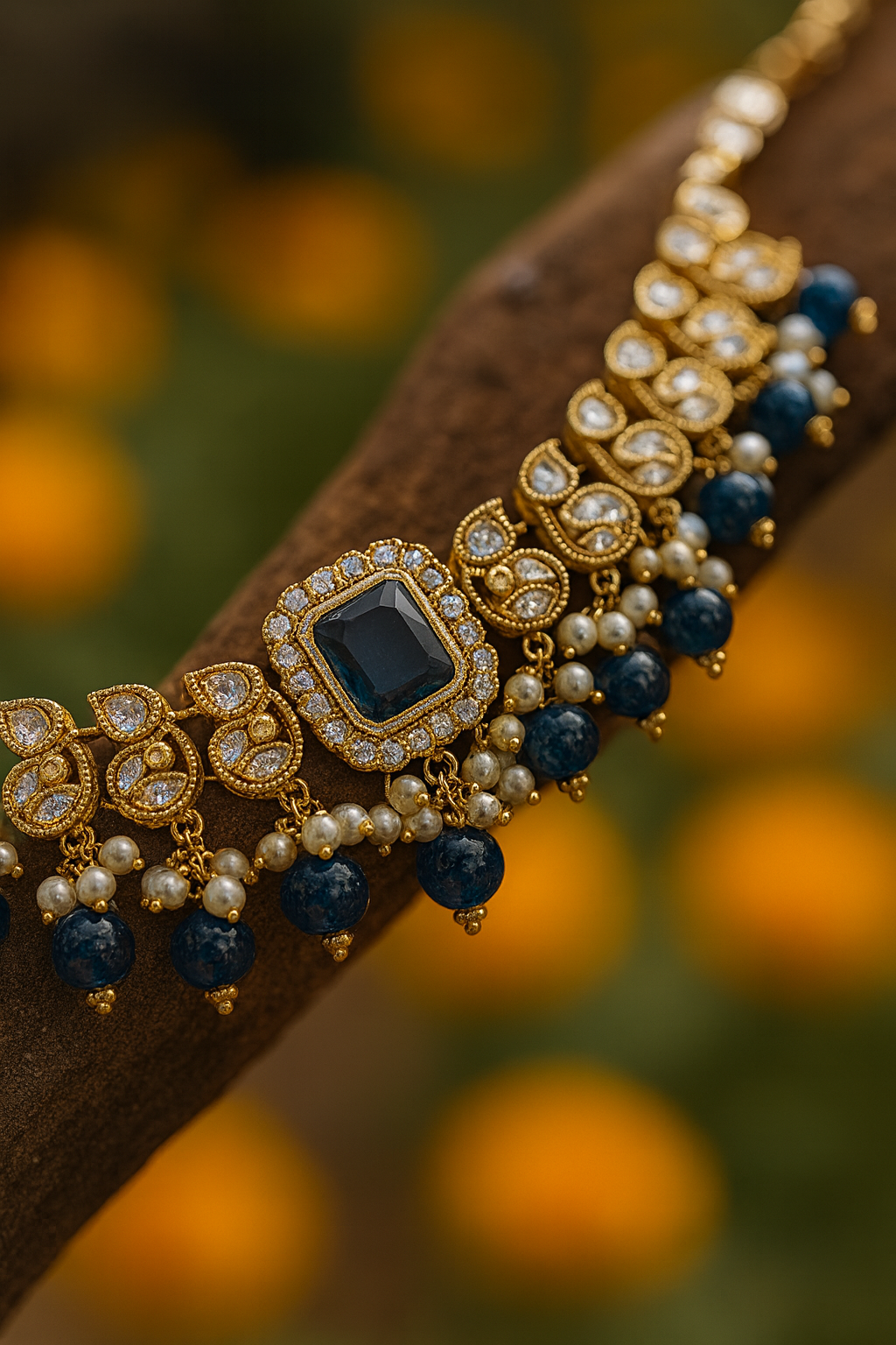 ROYAL SAPPHIRE BLOOM KUNDAN POLKI NECKLACE