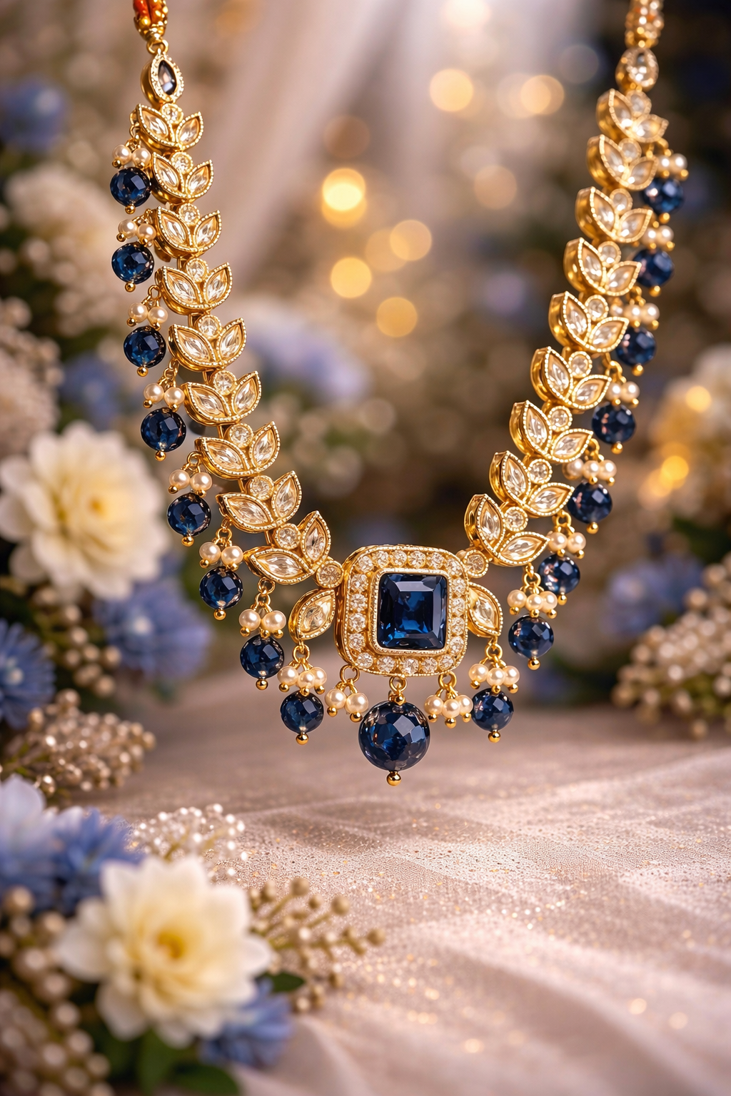 ROYAL SAPPHIRE BLOOM KUNDAN POLKI NECKLACE