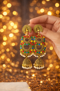 OXIDISED GOLD-PLATED ANTIQUE PEACOCK MULTICOLOUR JHUMKA EARRINGS