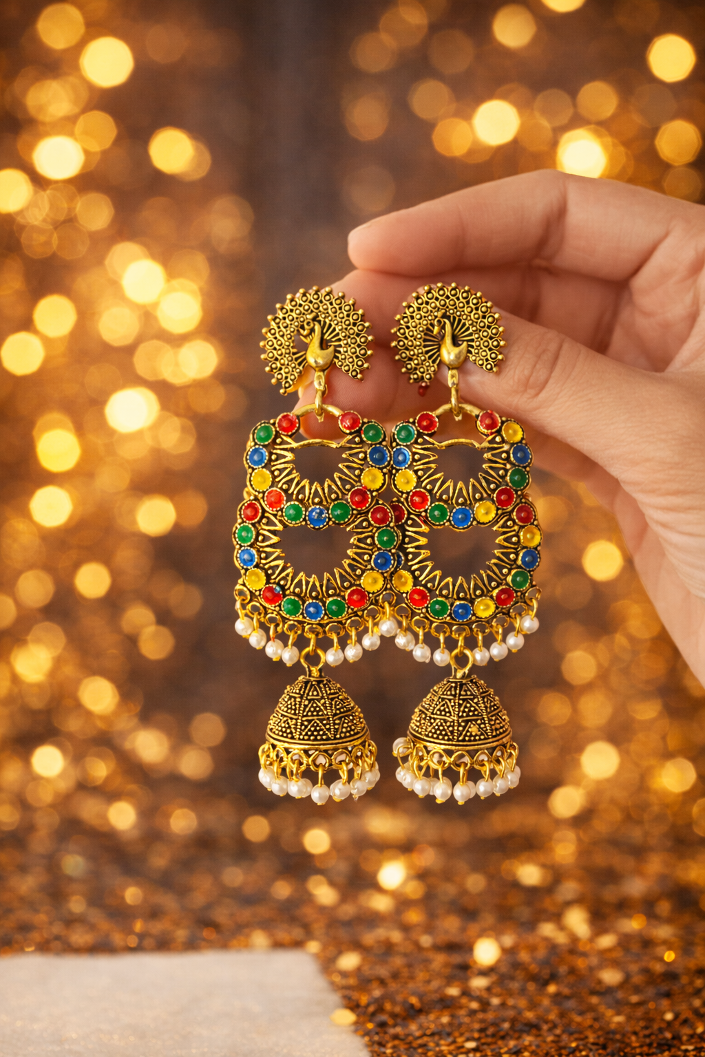 OXIDISED GOLD-PLATED ANTIQUE PEACOCK MULTICOLOUR JHUMKA EARRINGS