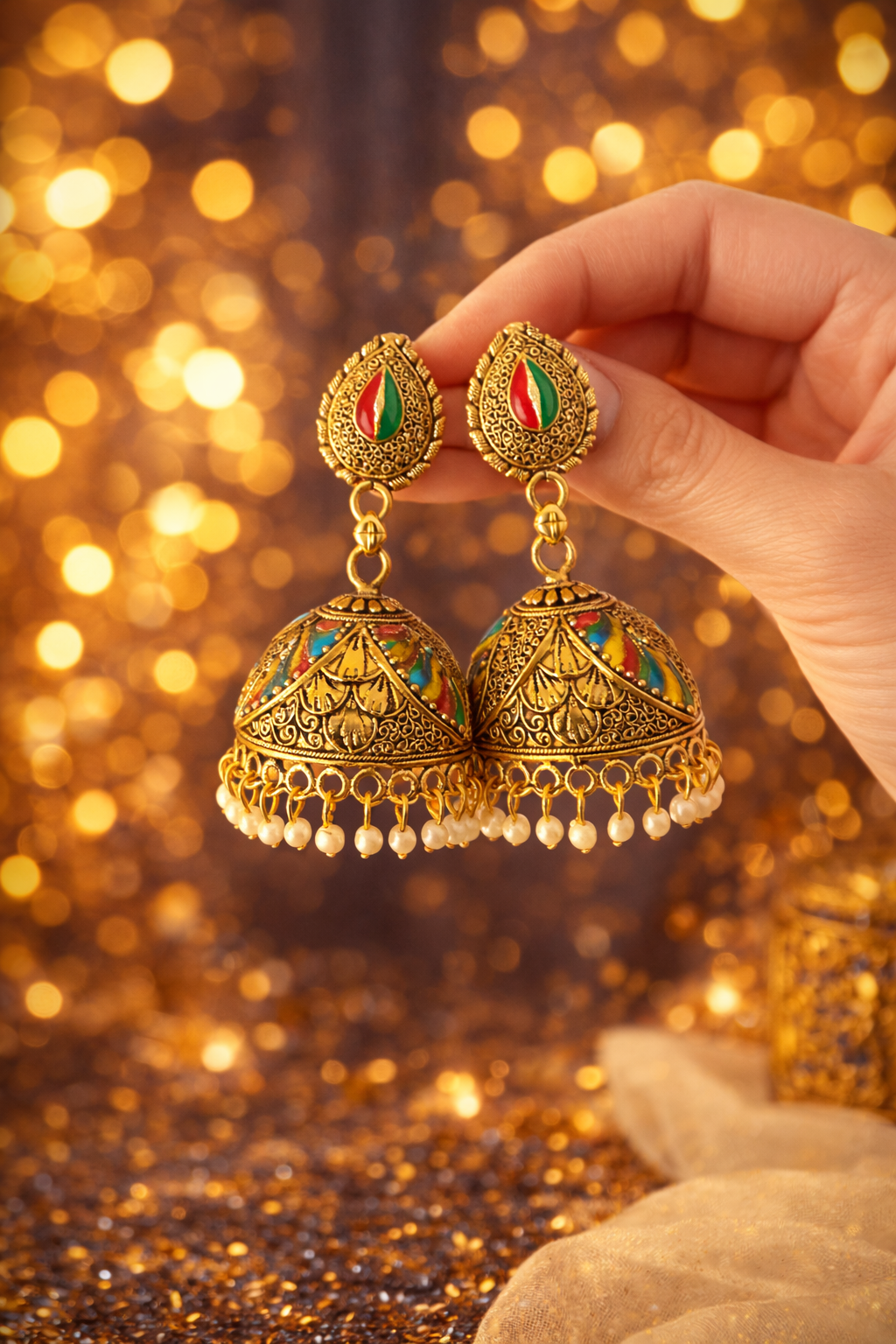MULTICOLOUR ANTIQUE OXIDISED DOME JHUMKA