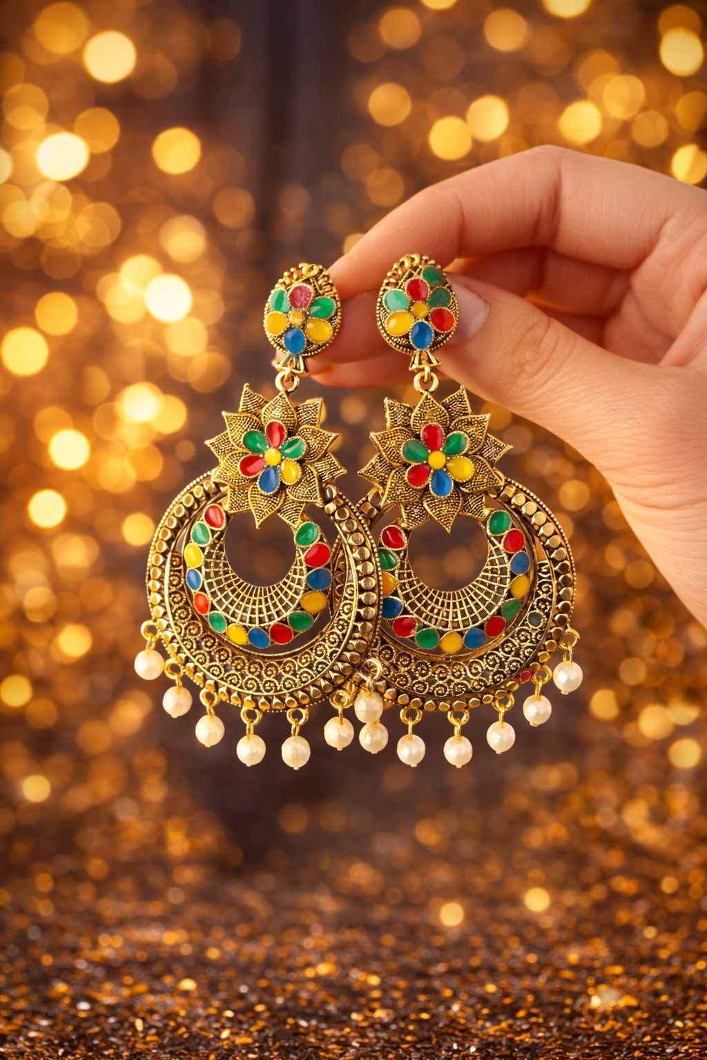 MULTICOLOURED FLORAL OXIDISED DROP DANGLR EARRINGS