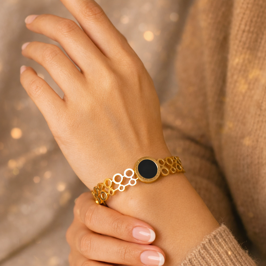 MIDNIGHT CIRCLE STAINLESS STEEL OPEN BANGLE BRACELET