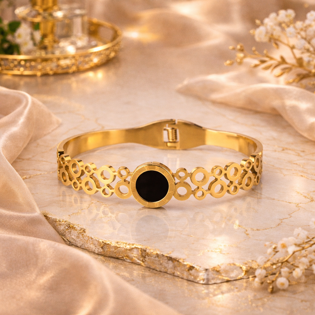 MIDNIGHT CIRCLE STAINLESS STEEL OPEN BANGLE BRACELET