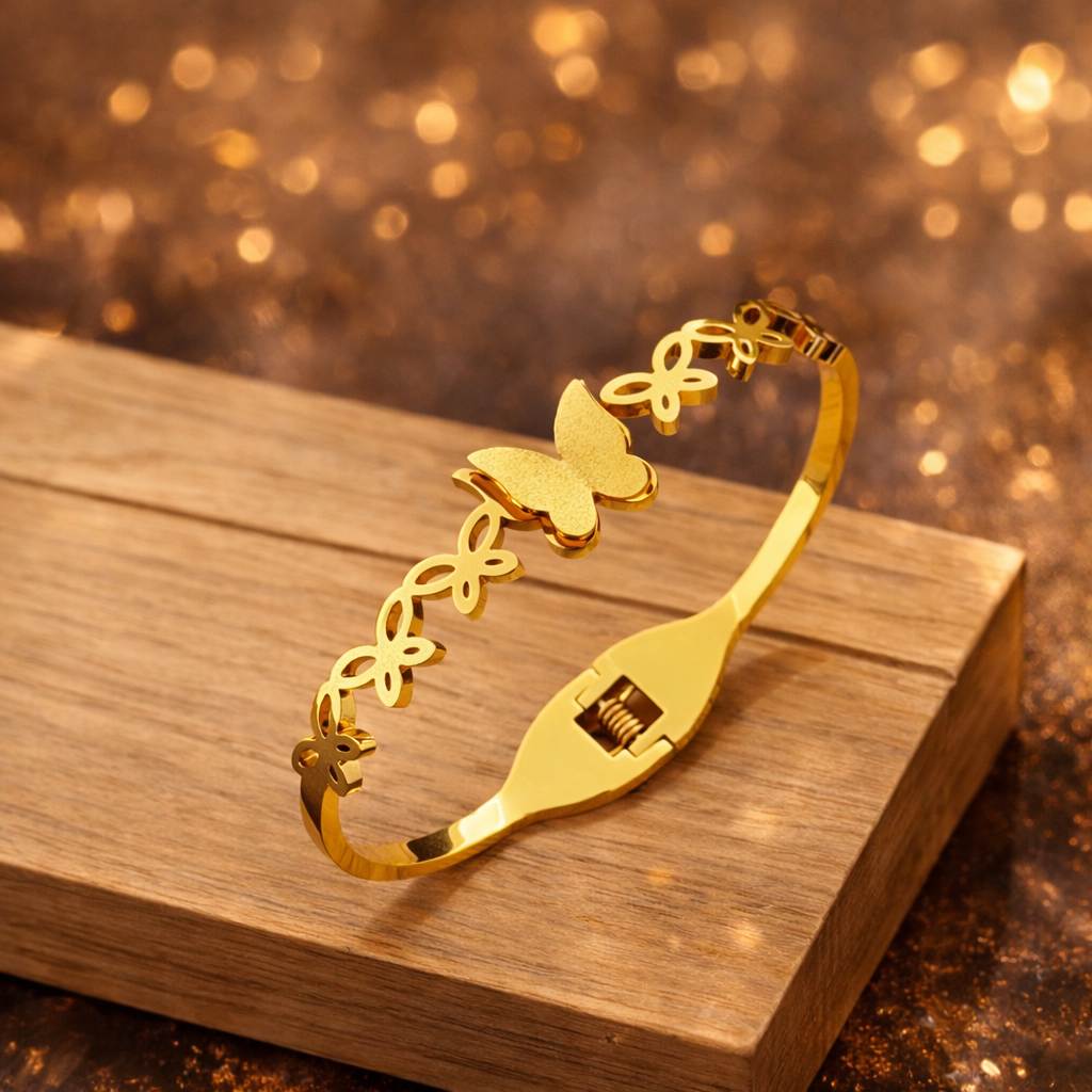 GOLDEN FLUTTER STAINLESS STEEL OPEN BUTTERFLY BANGLE BRACELET