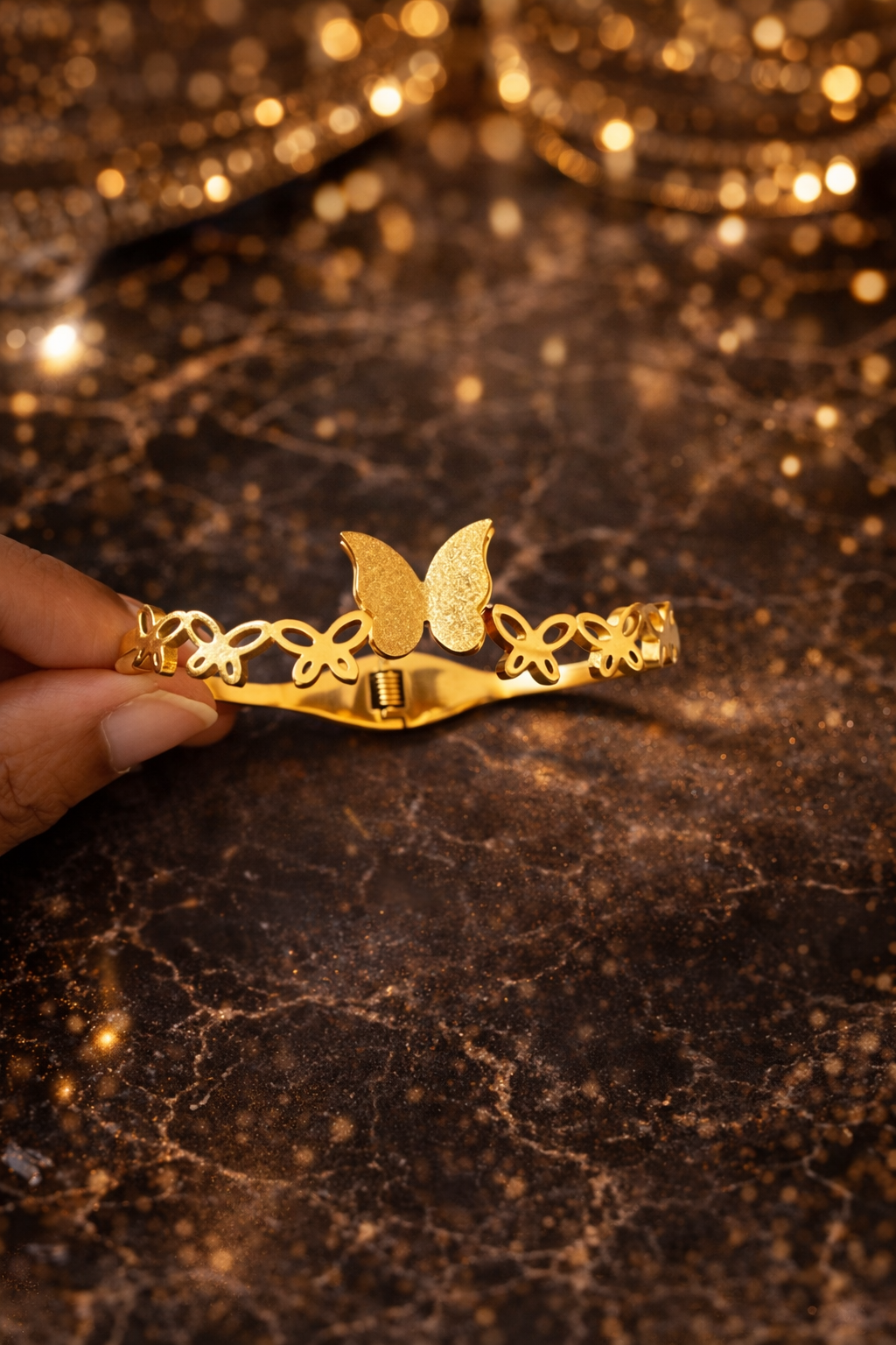 GOLDEN FLUTTER STAINLESS STEEL OPEN BUTTERFLY BANGLE BRACELET