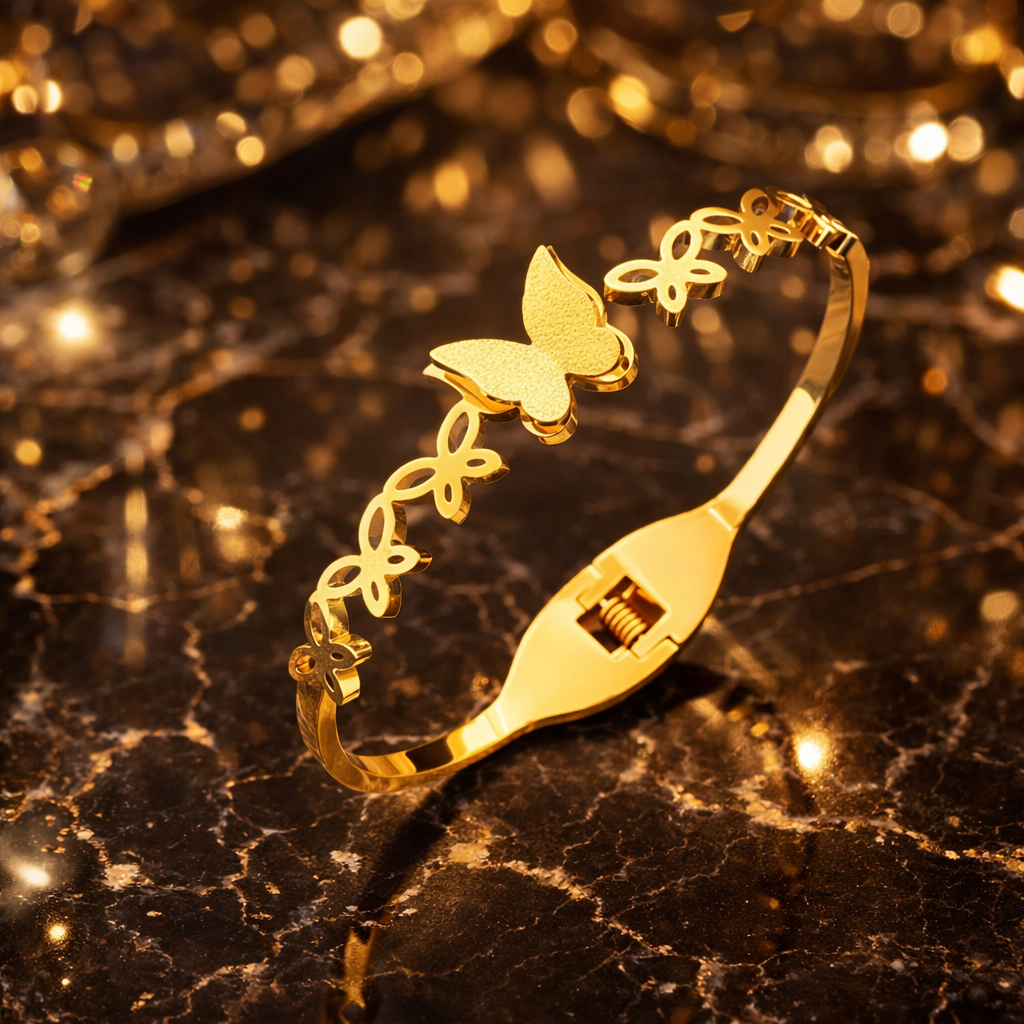 GOLDEN FLUTTER STAINLESS STEEL OPEN BUTTERFLY BANGLE BRACELET
