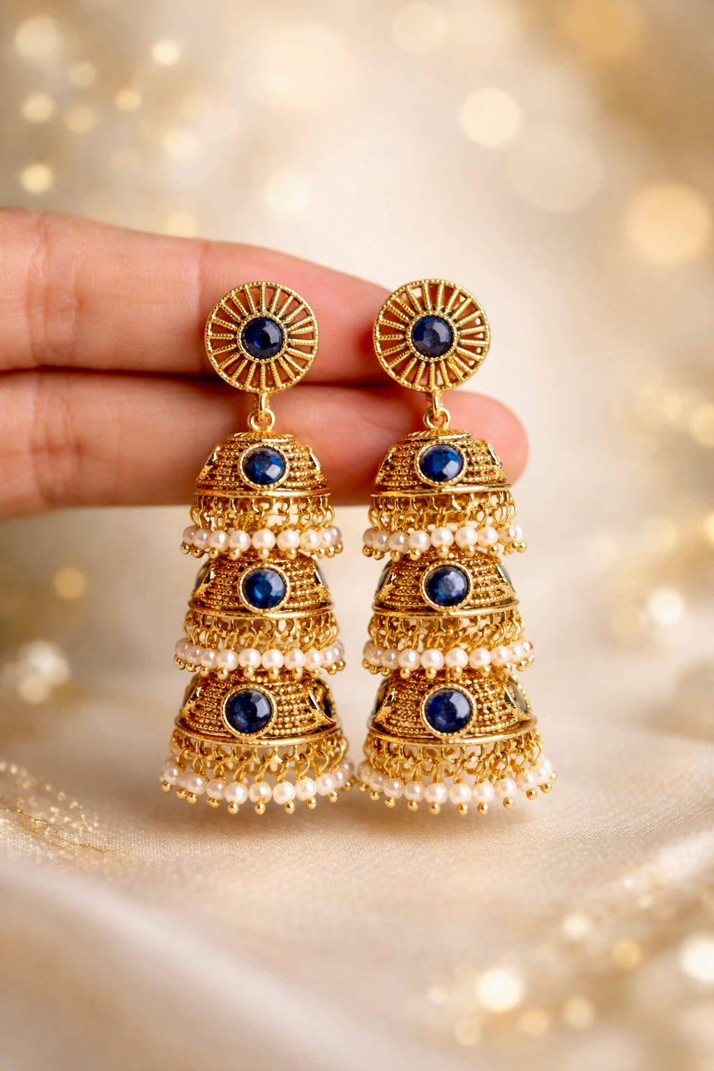 TRADITIONAL MULTILAYERED NEELAM PEARL JHUMKI