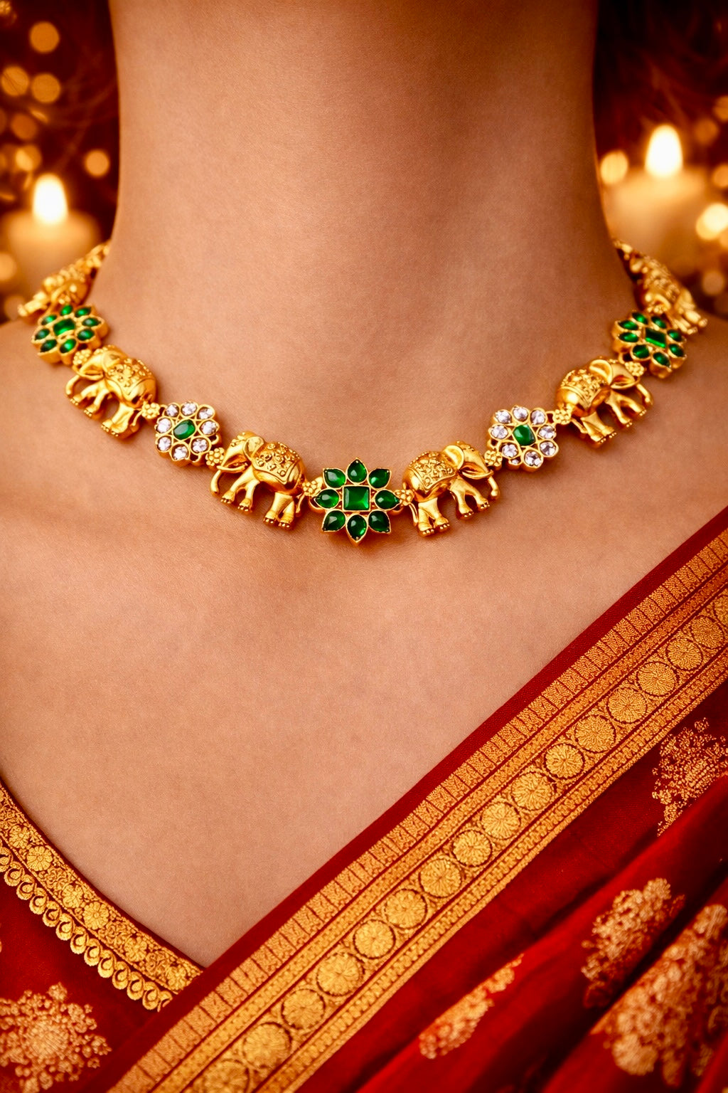 ELEPHANT CHOKER NECKLACE SET-GREEN STONES