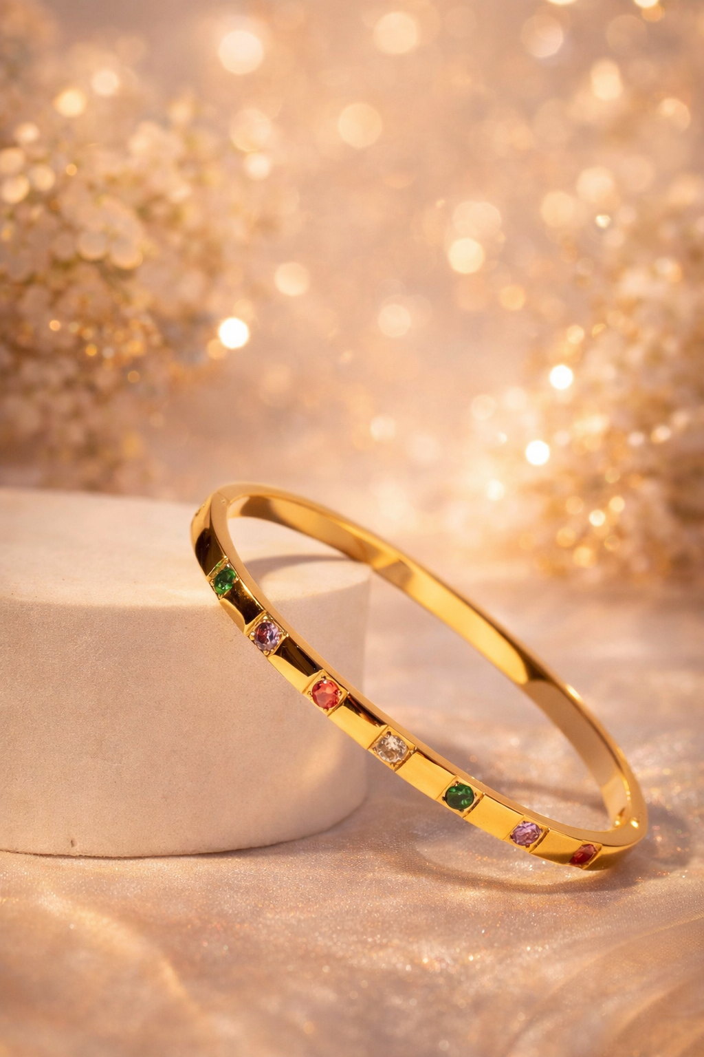 MULTI-STONE STUDDED OPEN BANGLE BRACELET