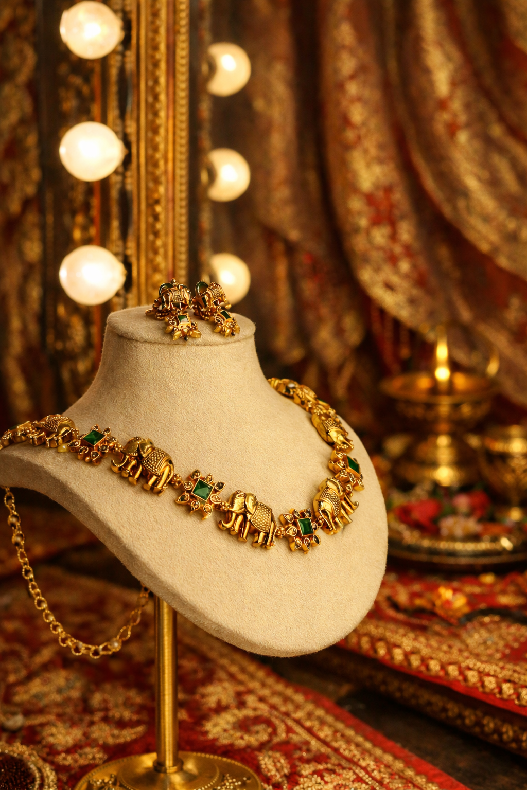 ELEPHANT CHOKER NECKLACE SET -WHITE STONES