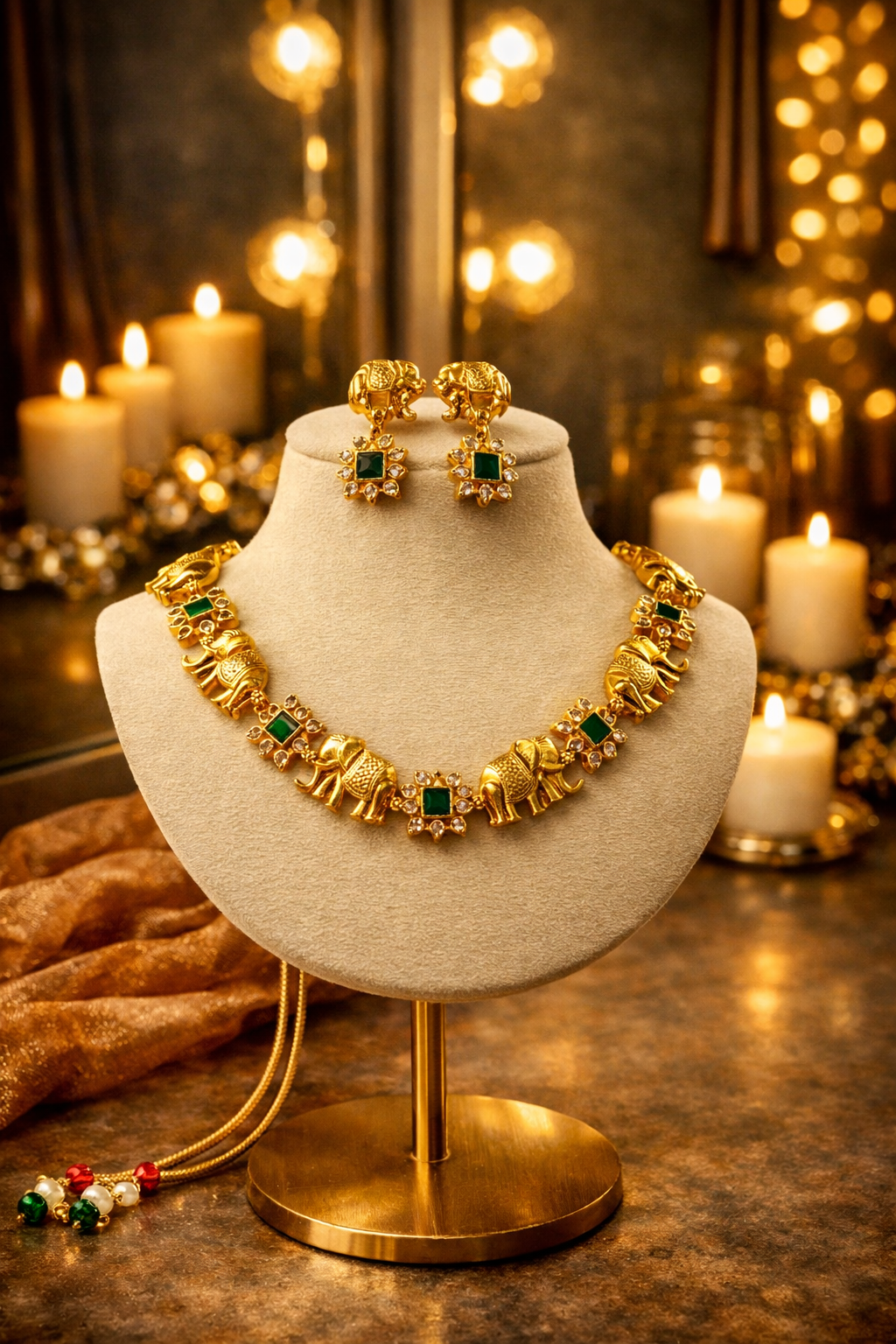 ELEPHANT CHOKER NECKLACE SET -WHITE STONES