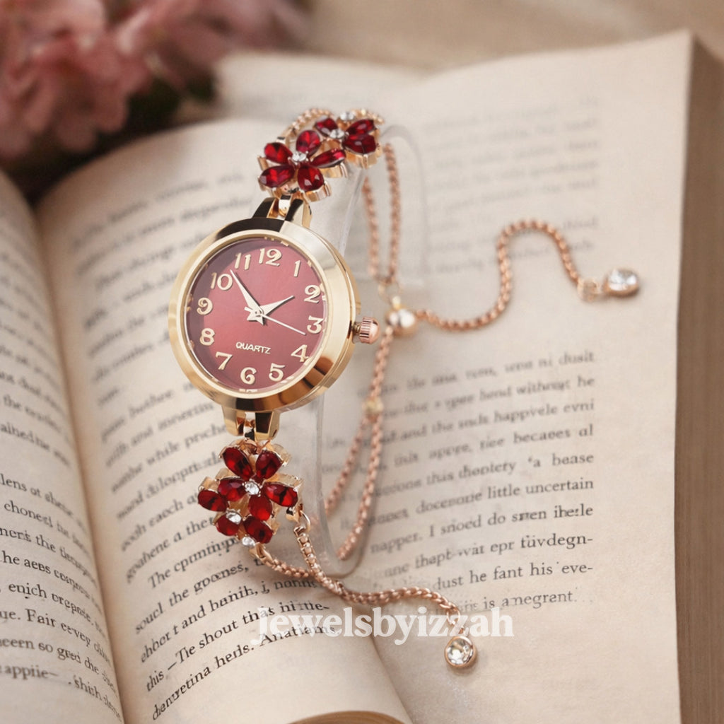 WOMEN'S RED COLORFUL PETAL RHINESTONE WATCH BRACELET