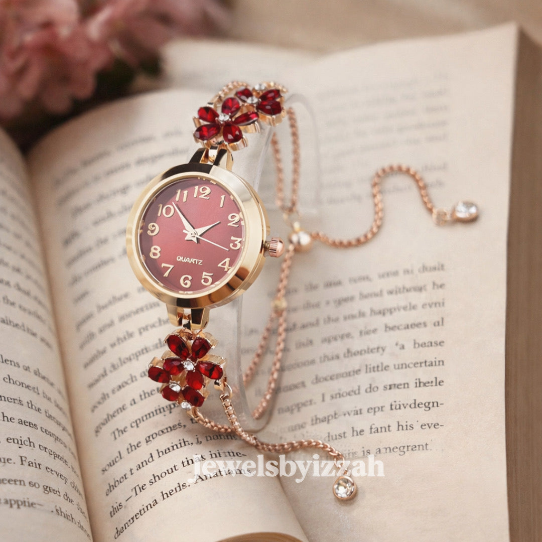 WOMEN'S RED COLORFUL PETAL RHINESTONE WATCH BRACELET