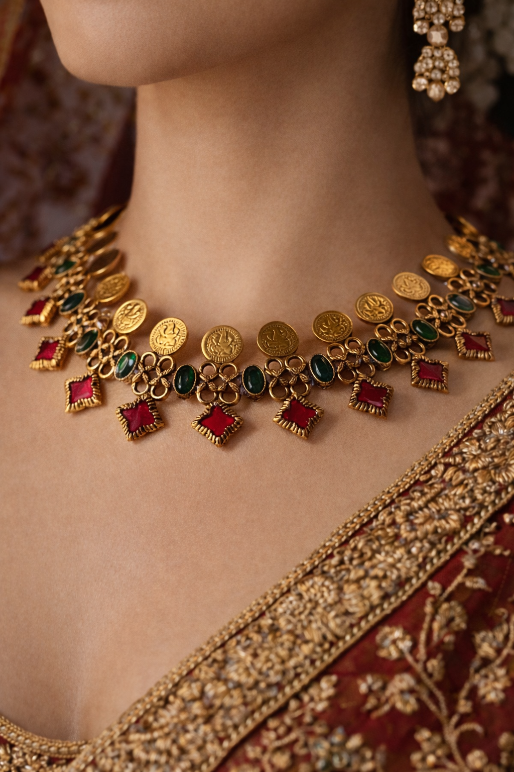 TEMPLE COIN RUBY EMERALD CHOKER SET