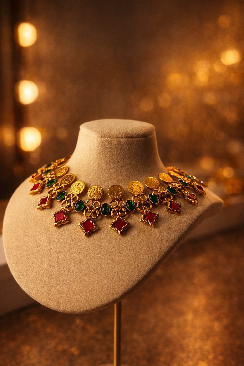 TEMPLE COIN RUBY EMERALD CHOKER SET