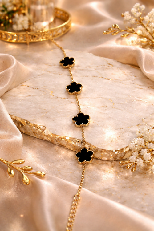 BLACK FLORAL CHARM CHAIN BRACELET