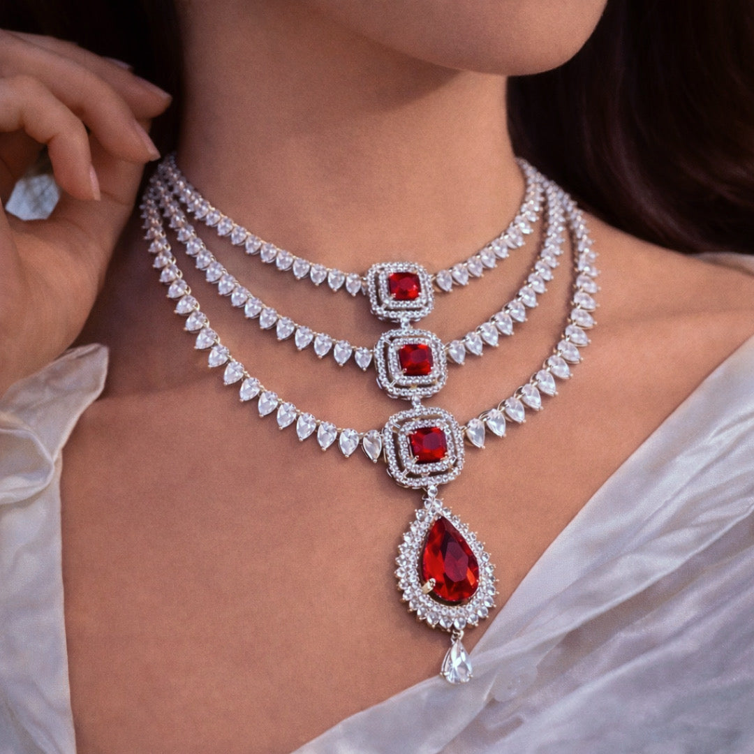 CUBIC ZIRCONIA MULTIPLE LAYERED CLASSIC NECKLACE SET WITH RHODIUM PLATING