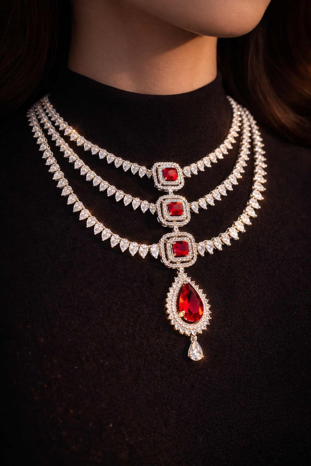 CUBIC ZIRCONIA MULTIPLE LAYERED CLASSIC NECKLACE SET WITH RHODIUM PLATING